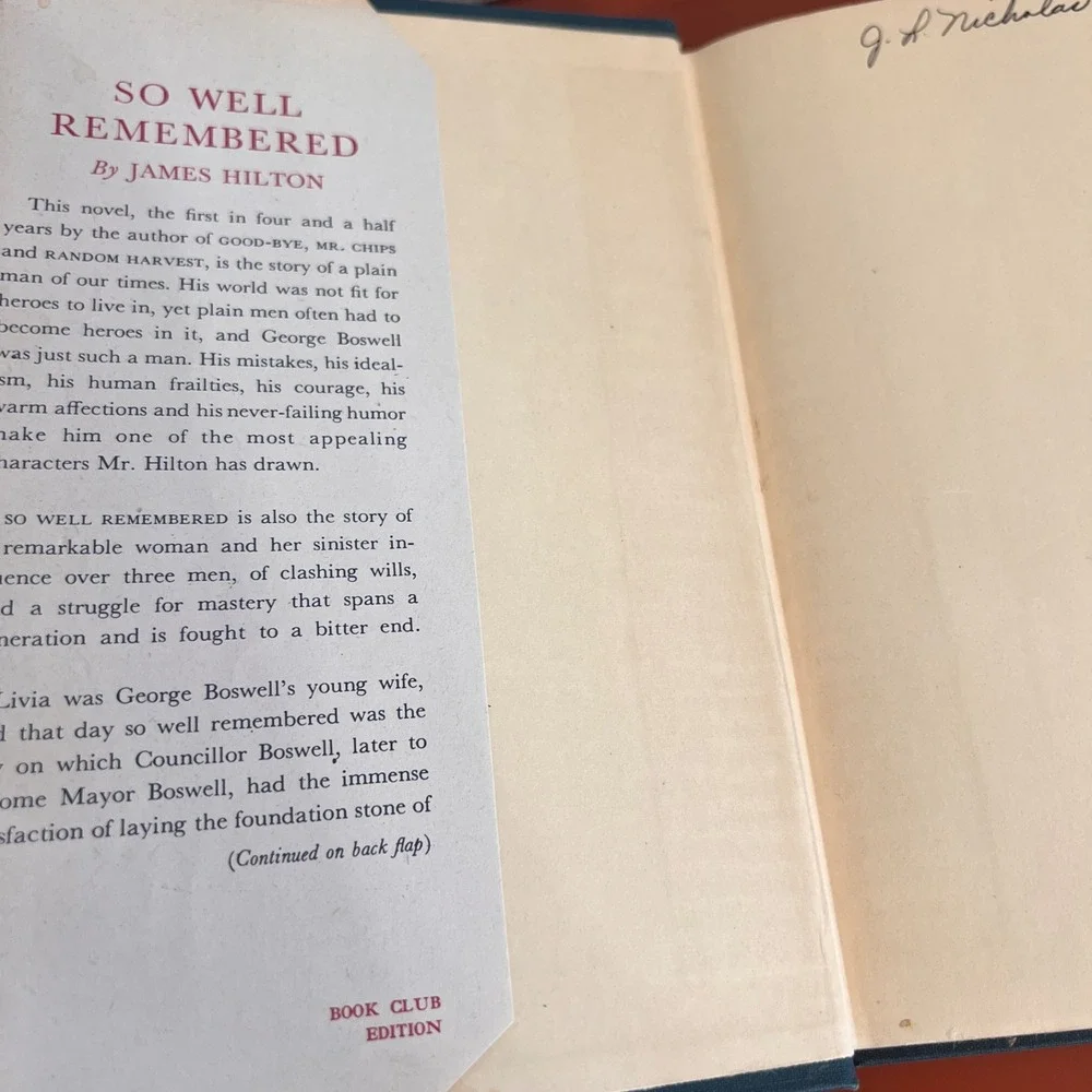 So Well Remembered James Hilton 1945 Book Club Edition Hardcover Dust Jacket